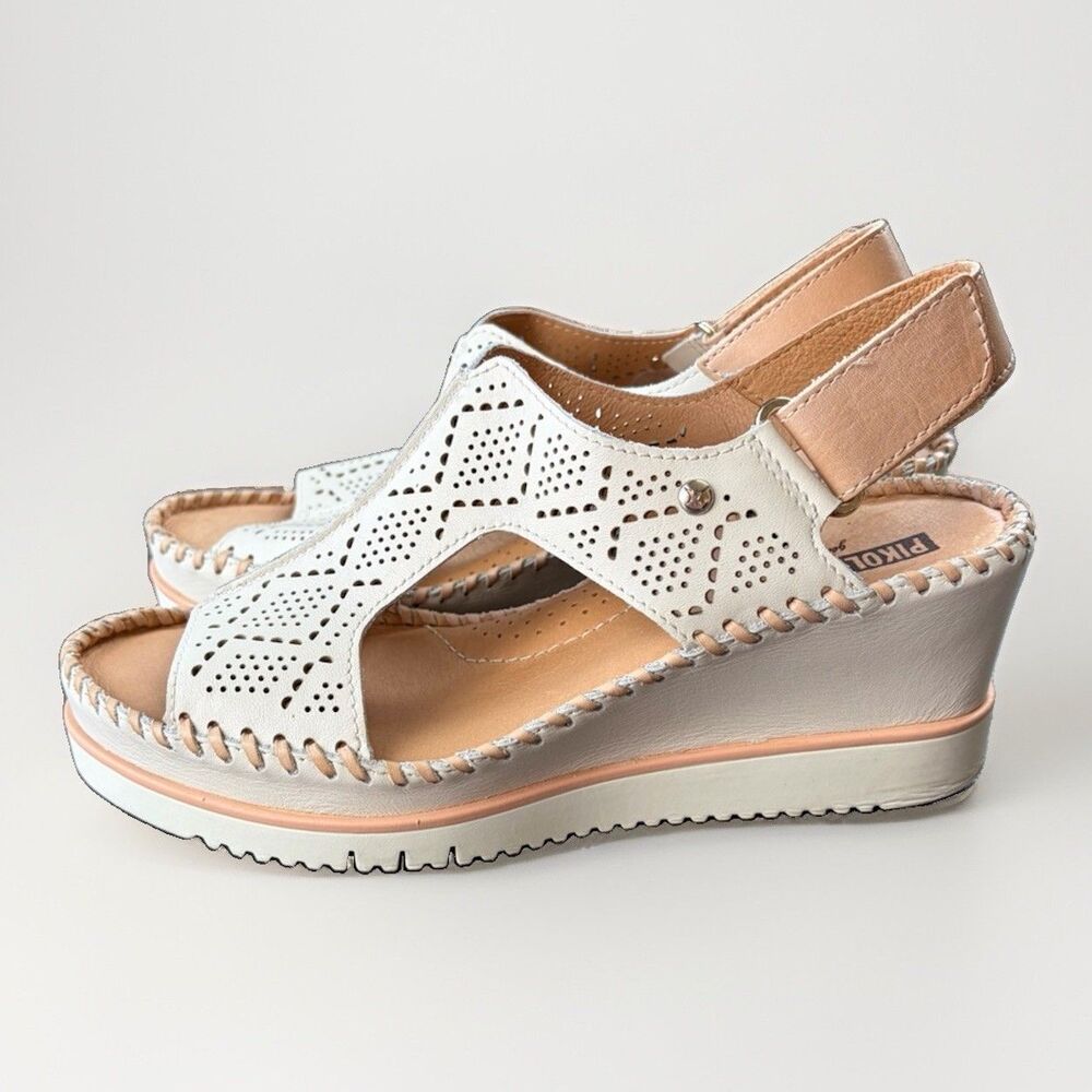 Pikolinos Aguadulce White Leather Wedge Sandals Cutout Women's Size 37